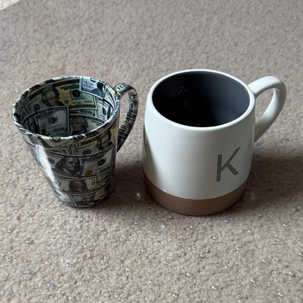 Monogram Ceramic Mug with Letter K and Mug with Dollar Bills